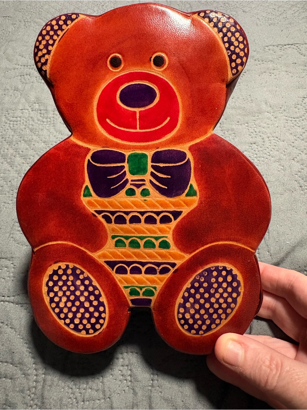 Vintage Teddy Bear Coin Bank Faux Leather Piggy Bank Snap Bottom
